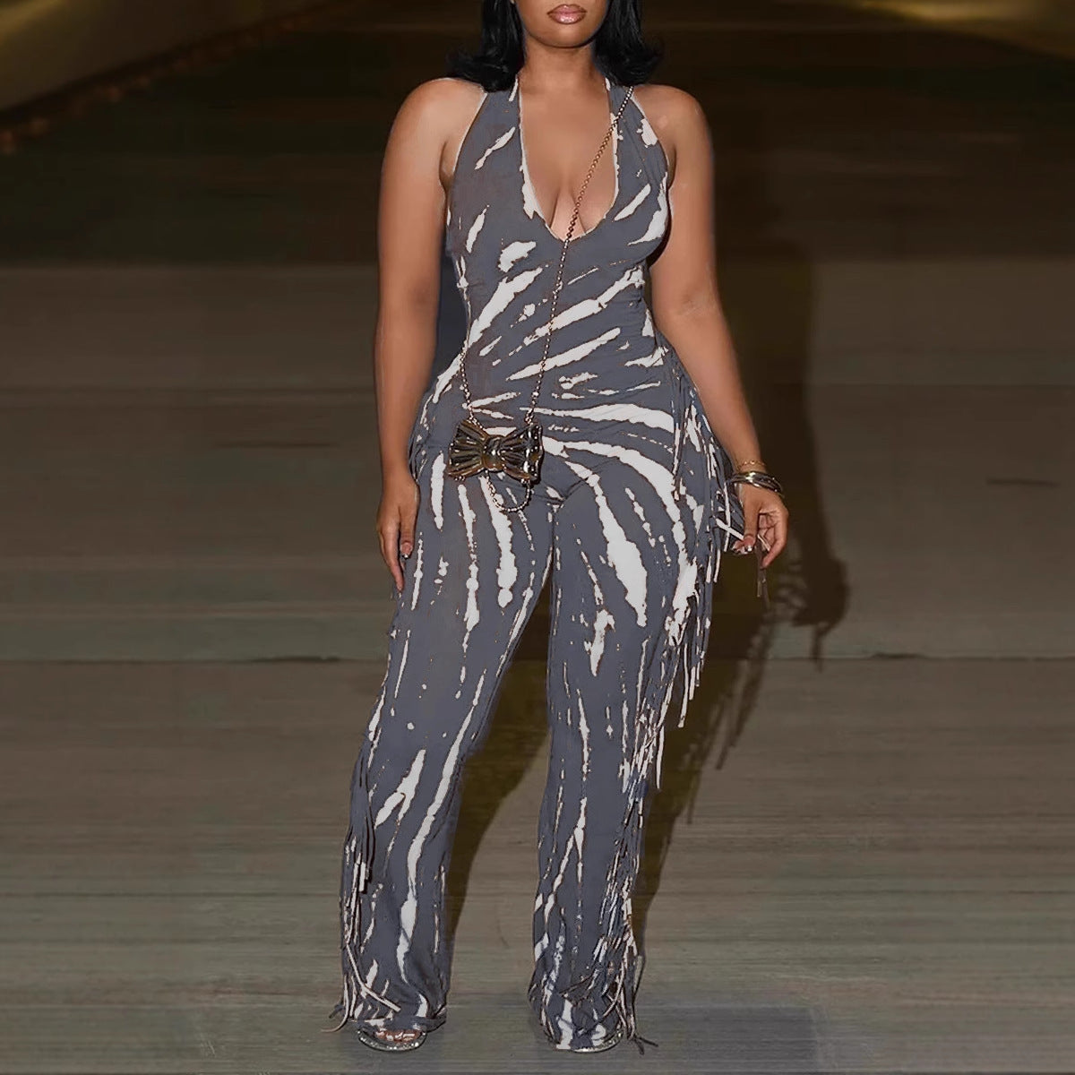 Women Elegant Sexy Tassel Print Halter Neck Lace-Up Jumpsuit 4
