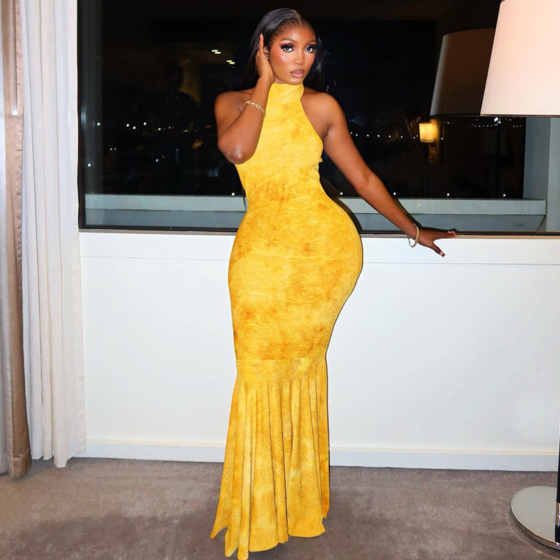 Women Elegant Sexy Backless High Neck Bodycon Fishtail Dress 3