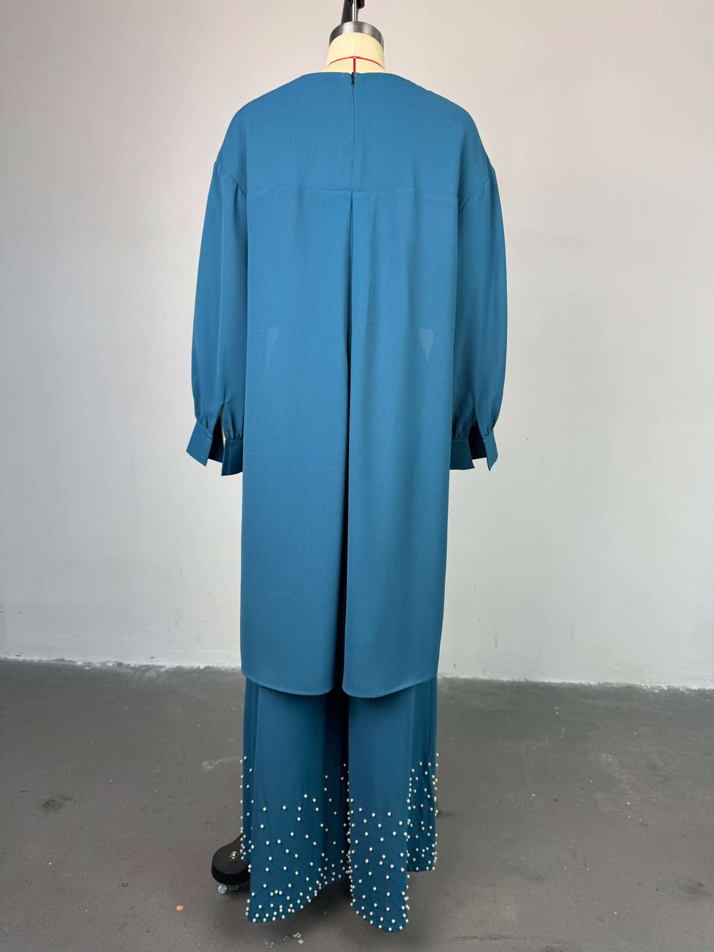 Women Spring Summer Round Neck Irregular Lantern Sleeve Top Beaded Wide Leg Pants Two-Piece Set 6