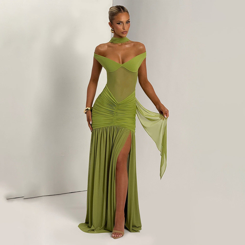 Summer Elegant Strapless Mesh Patchwork Ruffle Slit Dress 4