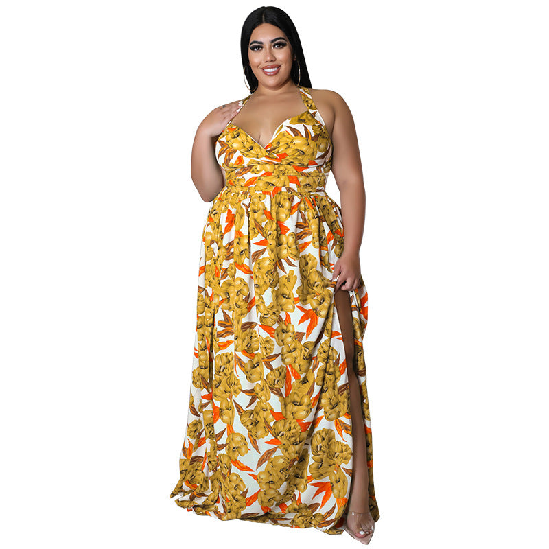 Plus Size Women's Summer Sexy Halter Low Back Print Slit Maxi Dress 11