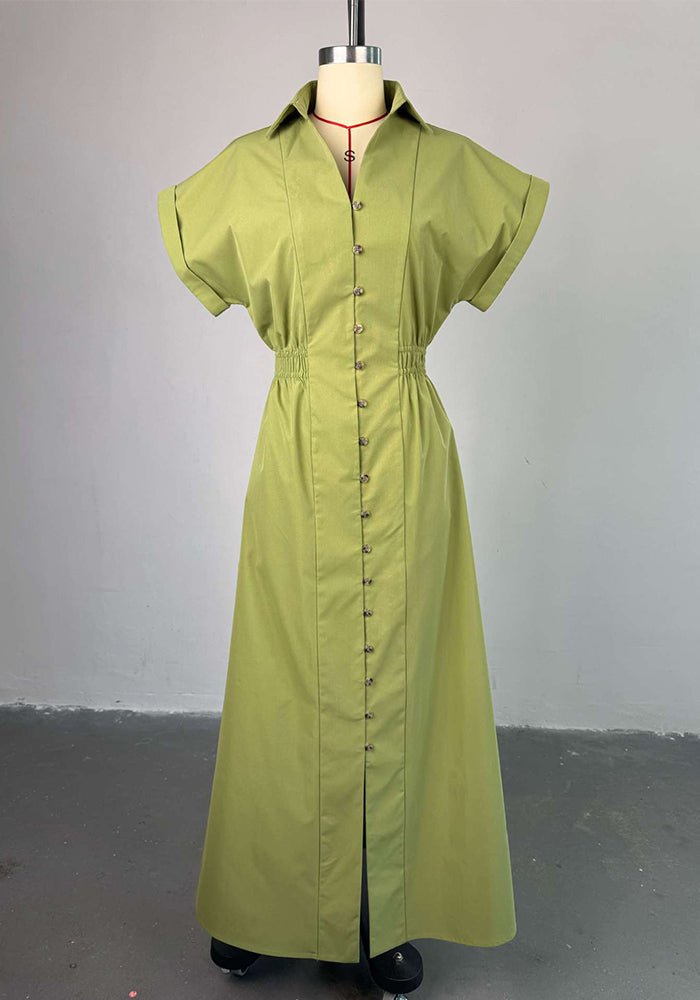 Women Summer Turndown Collar Short Sleeve Slit Shirt Dress