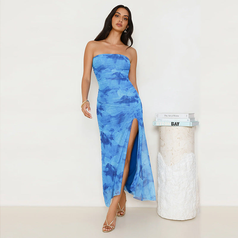 Sexy Slim Strapless Printed Pleated Slit Dress 3