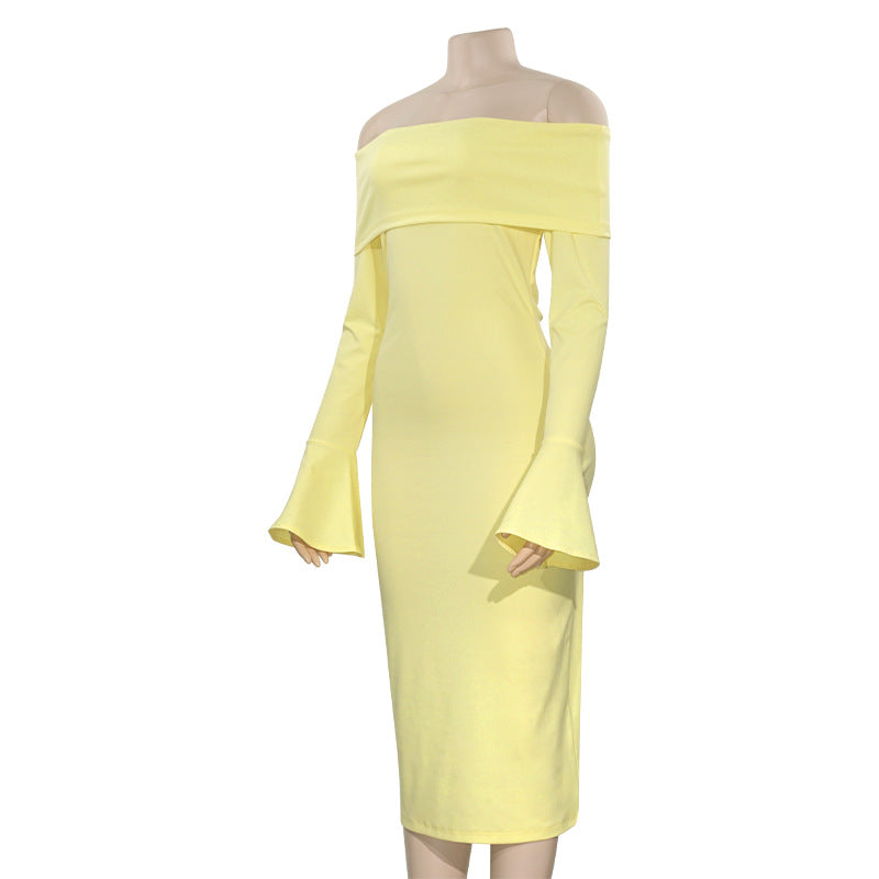 Spring Solid Color Off Shoulder Long Sleeve Sexy Slim Long Dress 7