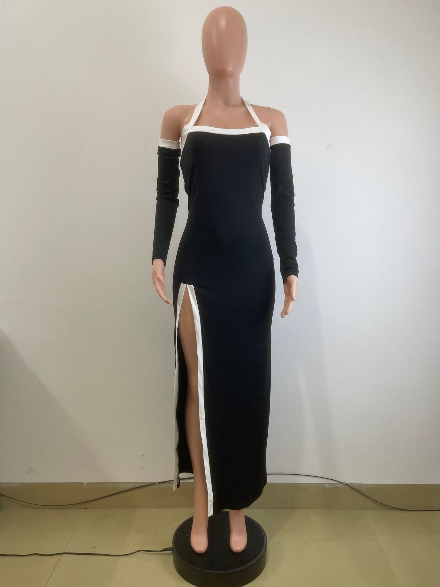 Summer Fashion White Contrast Color High-Slit Halter Neck Dress 7