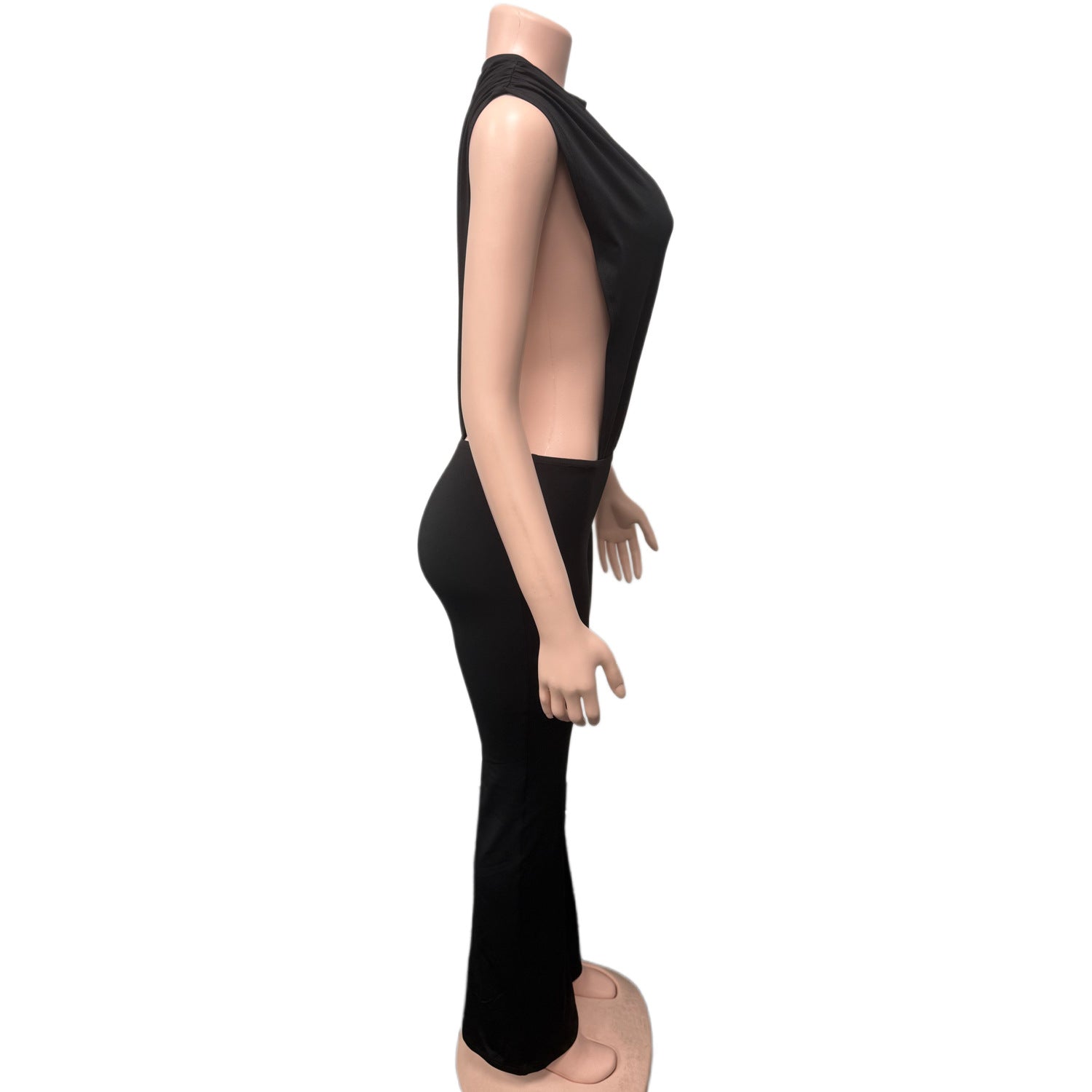 Women's Round Neck Sleeveless Side Cut-Out Black Bodysuit Top & Tight Fitting Pants Two-Piece Set 8