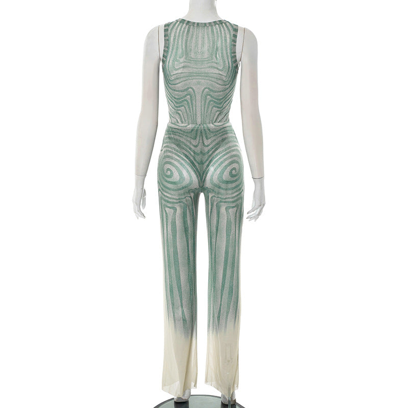 Women's Slim Geometric Pattern Print Round Neck Sleeveless Bodysuit Wide-Leg Pants Two Piece Set 9