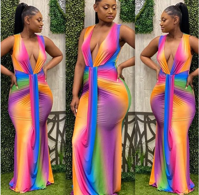 Women sexy v-neck sleeveless printed dress 3