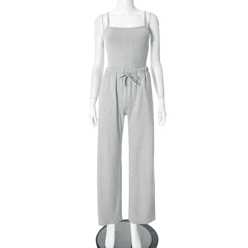 Women's Spring Summer Solid Color Sleeveless Low-Back Sexy Strap Top Pants Two Piece Set 11