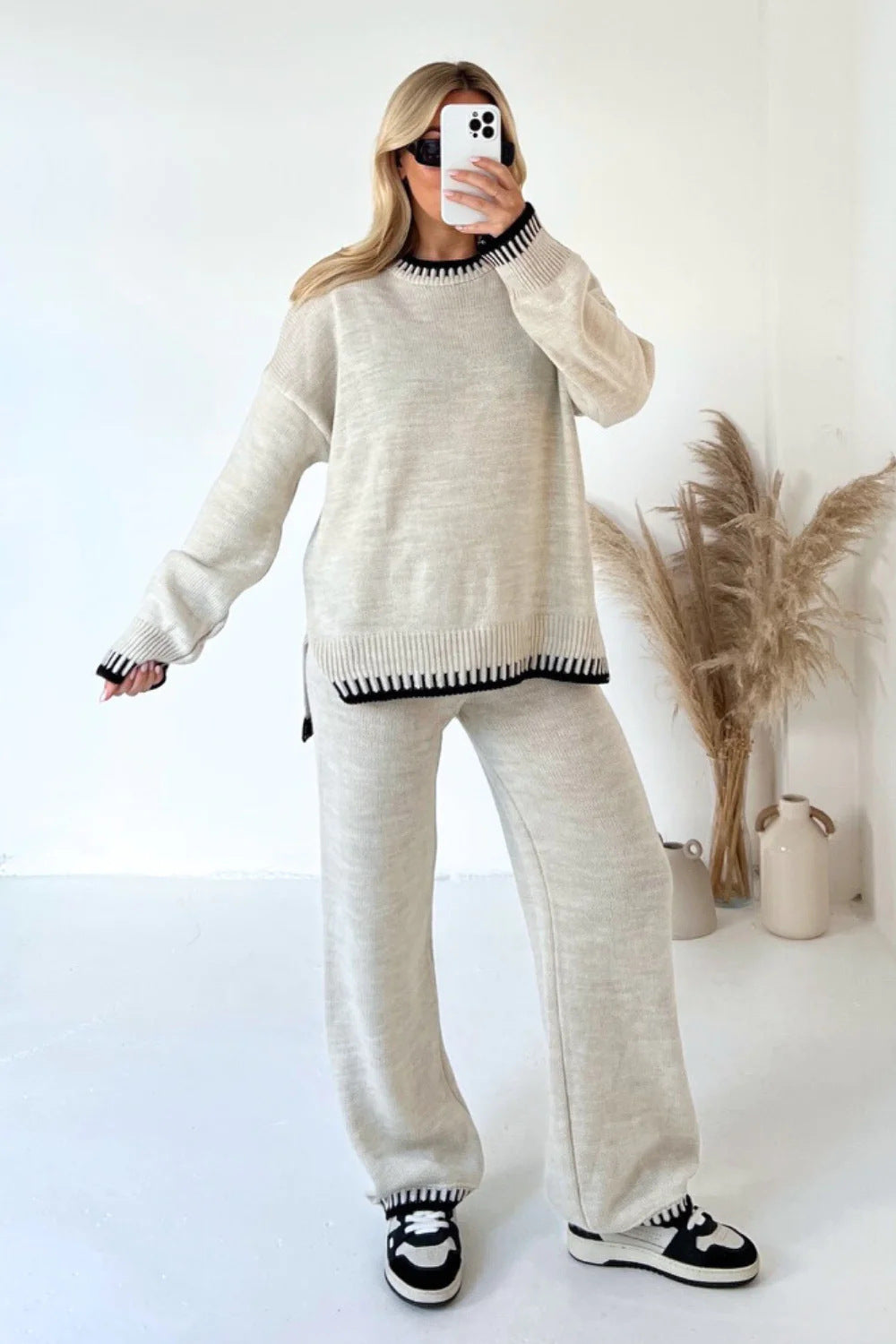 Autumn Winter Fashion Solid Color Sweater Pants Casual Loose Two-Piece Set 5