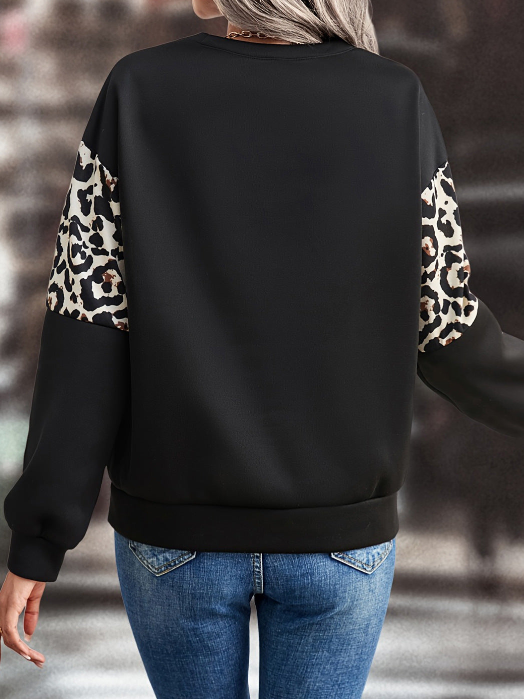 Women Autumn Loose Round Neck Long Sleeve Leopard Patchwork Top 8