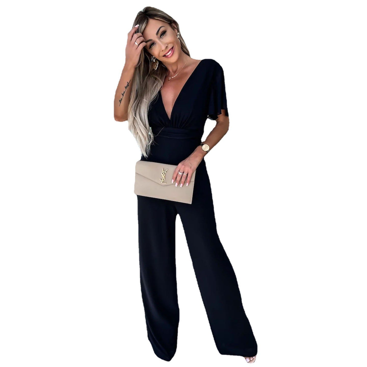 Spring Summer V Neck Casual Short Sleeve Loose Holidays Wide Leg Jumpsuit Women 9