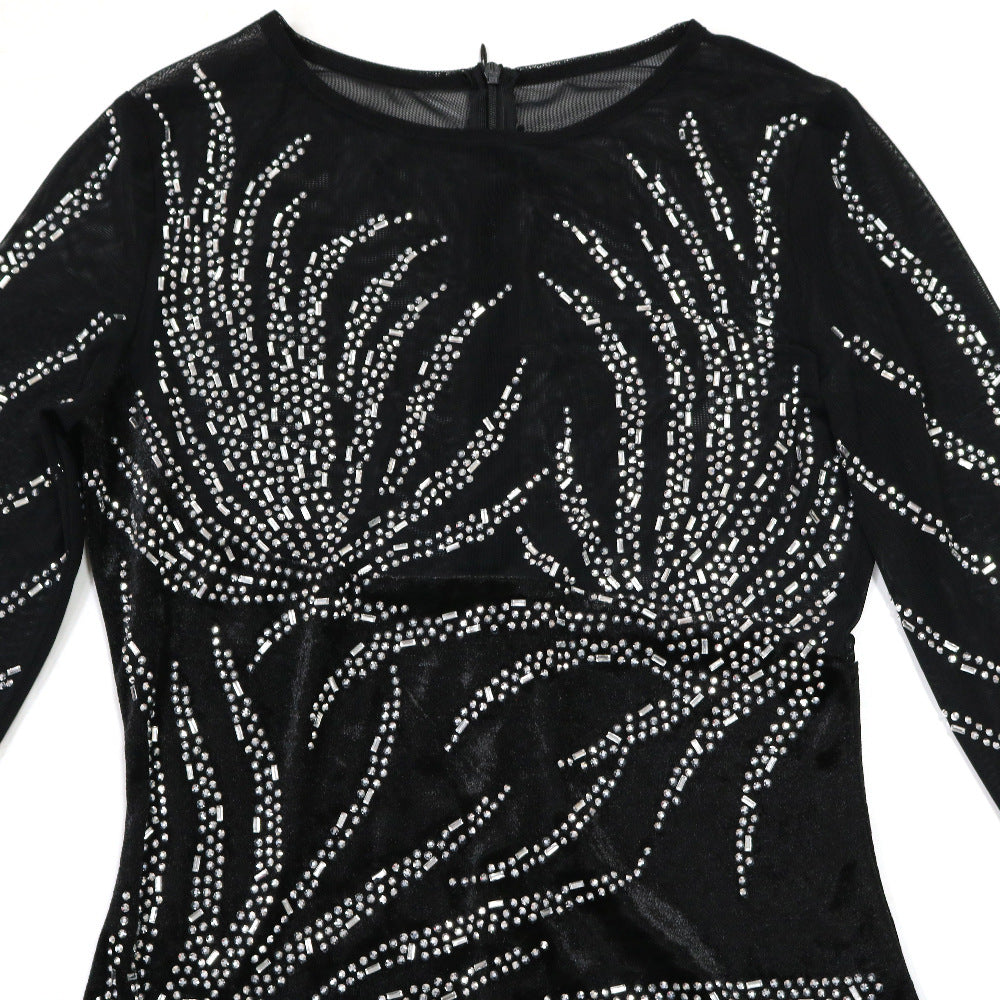 Women Beaded Sexy See-Through Mesh Patchwork Velvet Party Maxi Dress 10