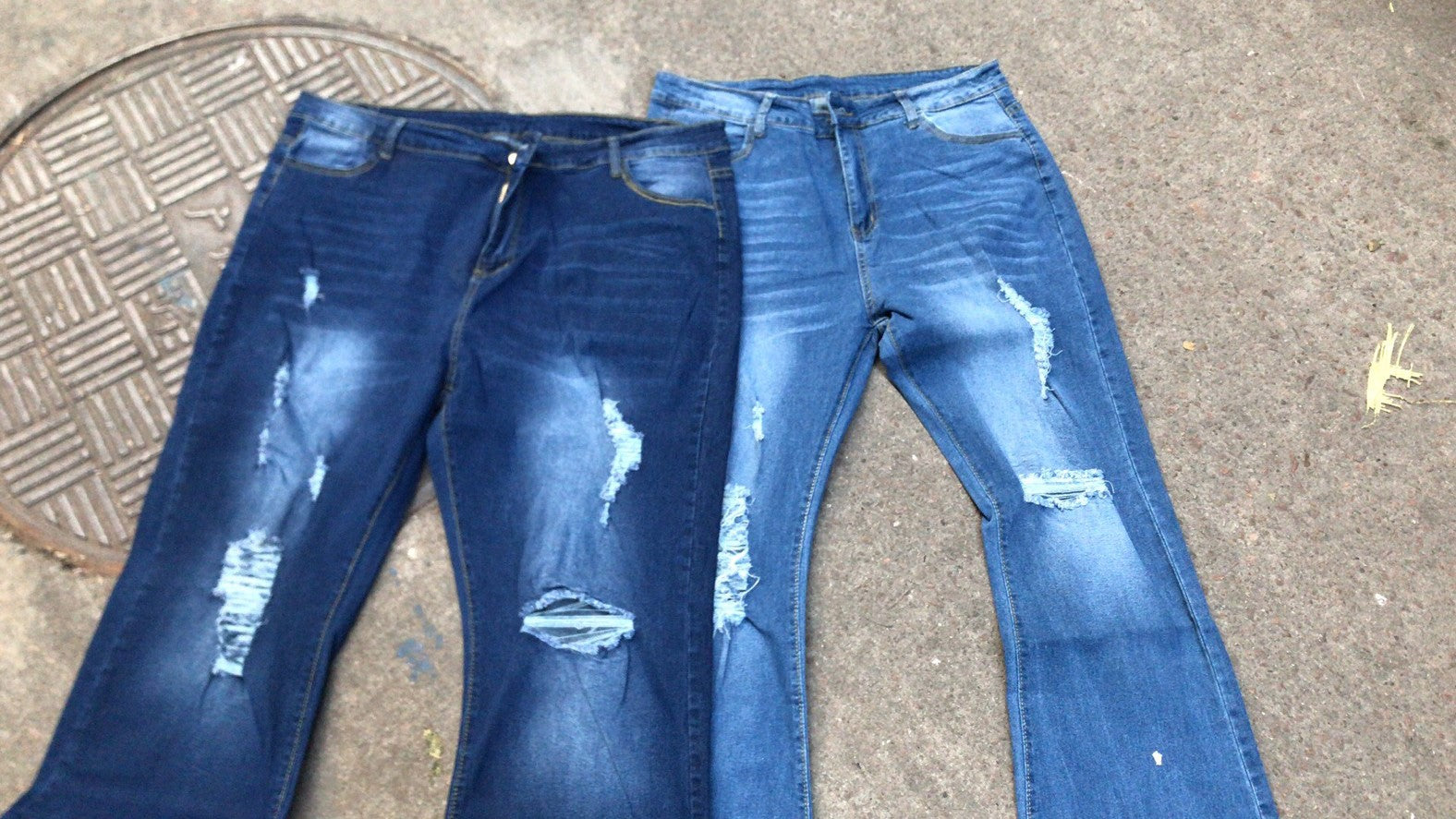 Women Stretch Ripped Denim Bell Bottom Pants 8