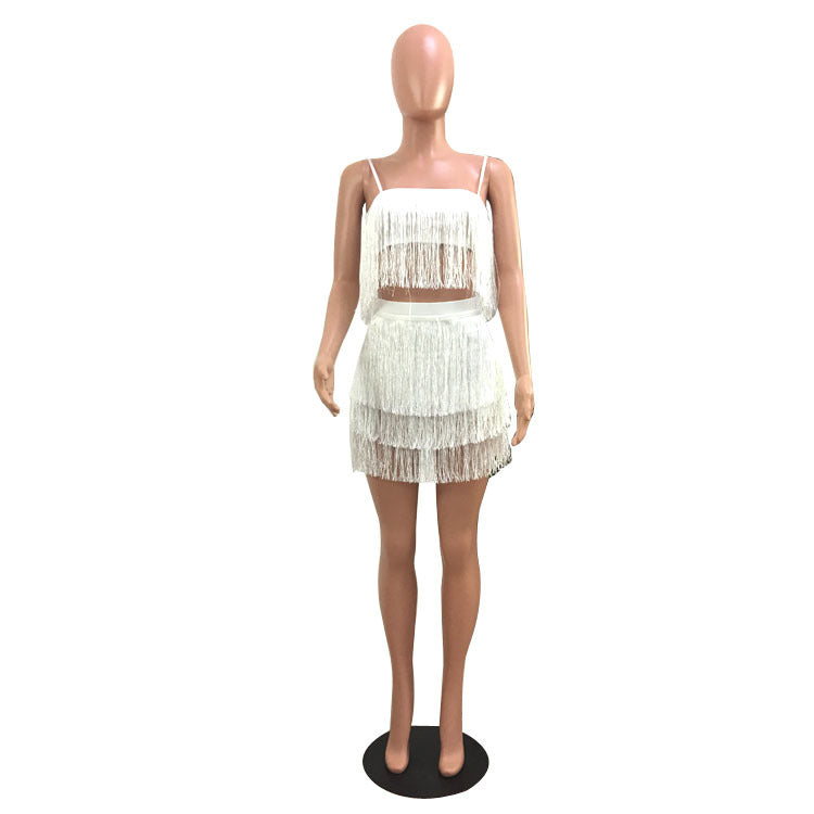 Women Summer Sexy Fringe Crop Top And Bodycon Skirt Two Piece 11