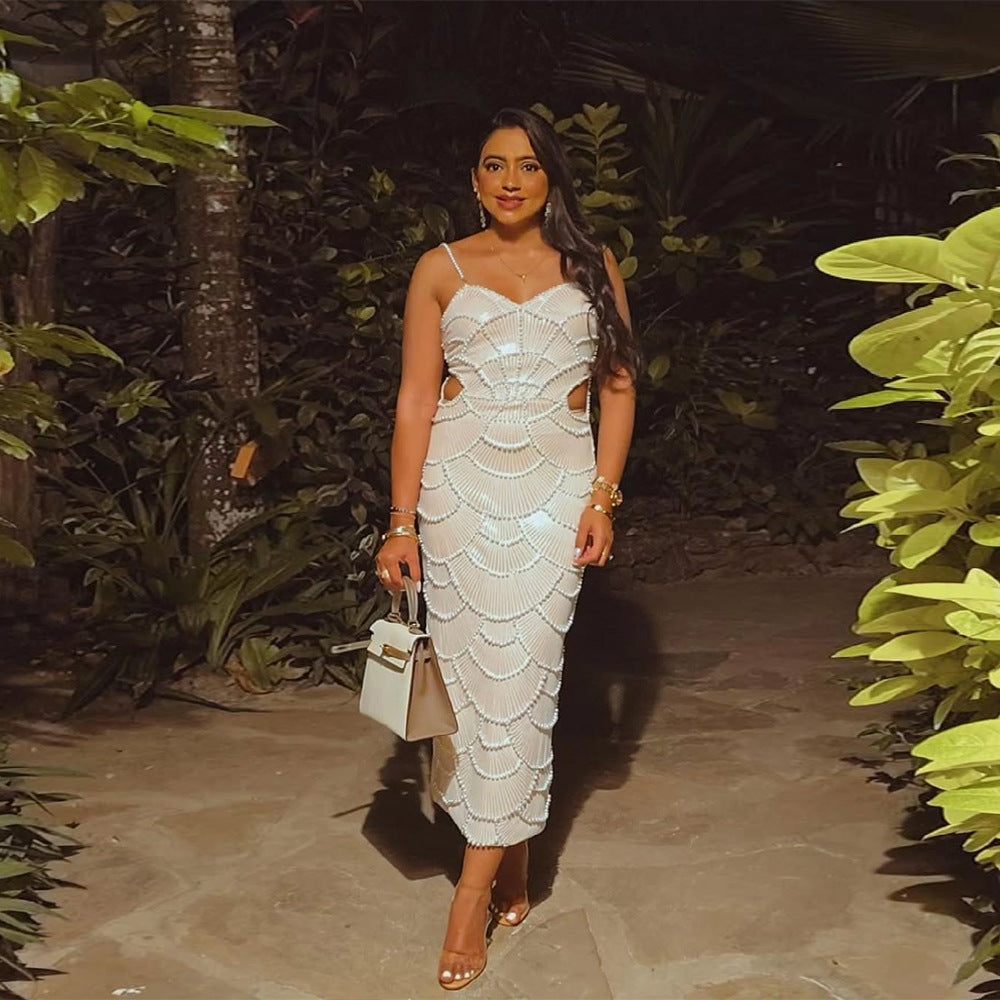 Women Sequin Beaded Strappy Party Slit Dress 4