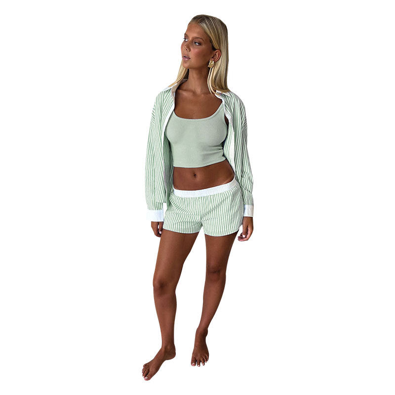 Summer Turndown Collar Long Sleeve Striped Shirt Elastic Waist Shorts Two-Piece Set 8