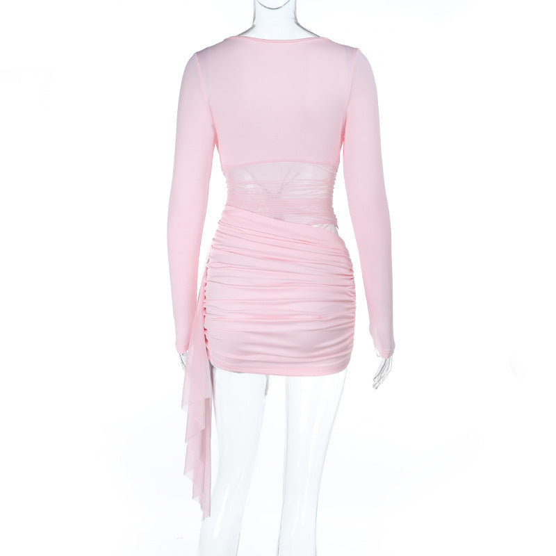 Women hollow mesh ribbon long-sleeved bodycon dress 9