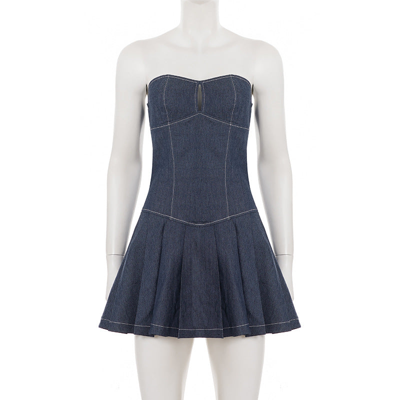 Women Sexy Solid Patchwork Backless Denim Strapless Pleated Dress 7