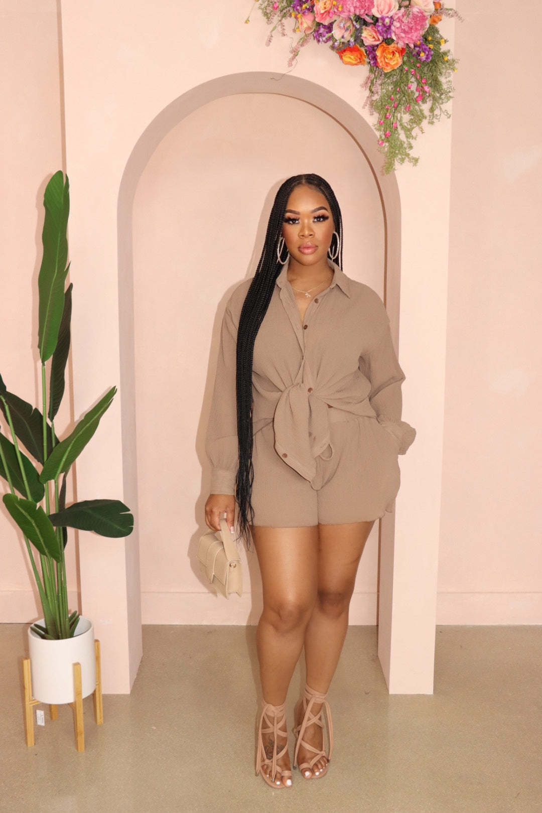 Women Solid Loose Turndown Collar Shirt and Wide Leg Shorts Casual Two-Piece Set 17