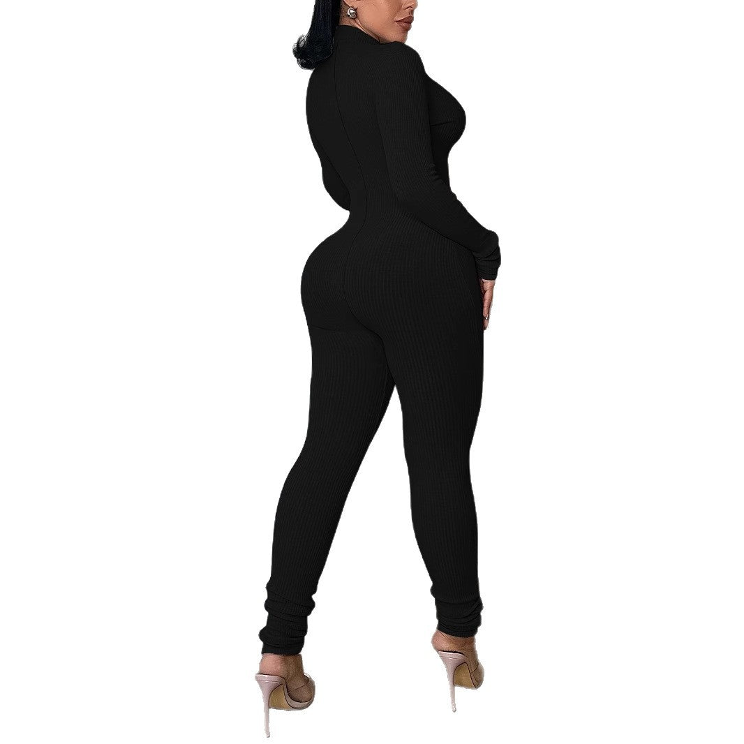Plus Size Women Ribbed Solid Zipper Jumpsuit 7