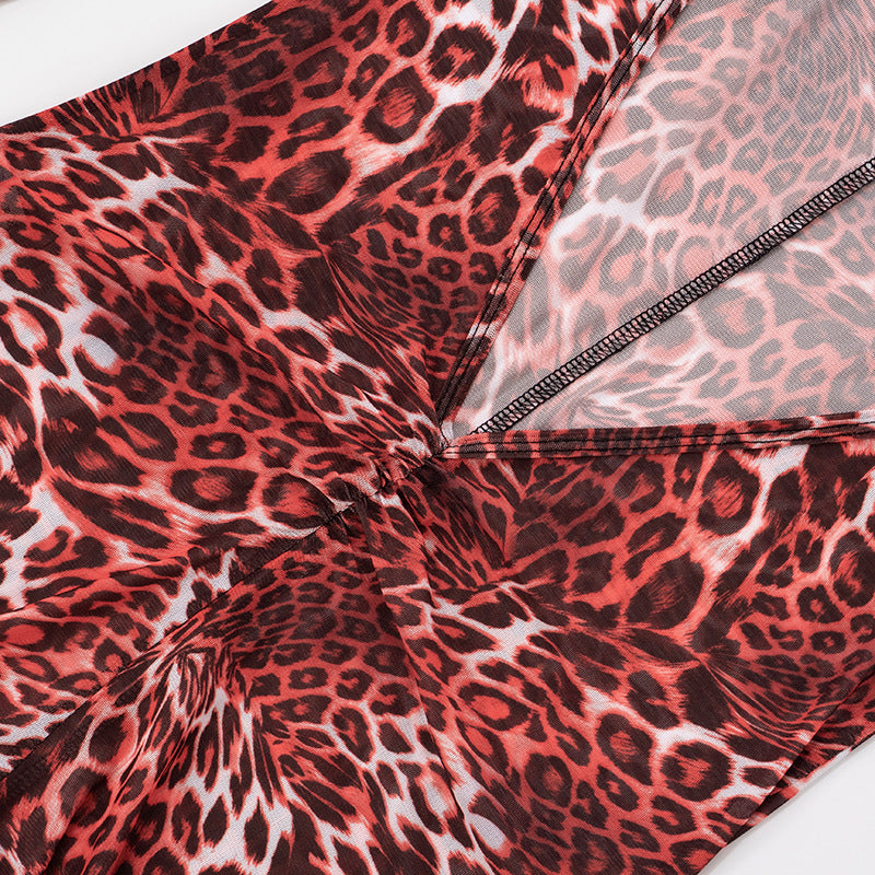 Women Leopard Print Mesh Half High Neck Large Backless Long Sleeve Jumpsuit 21