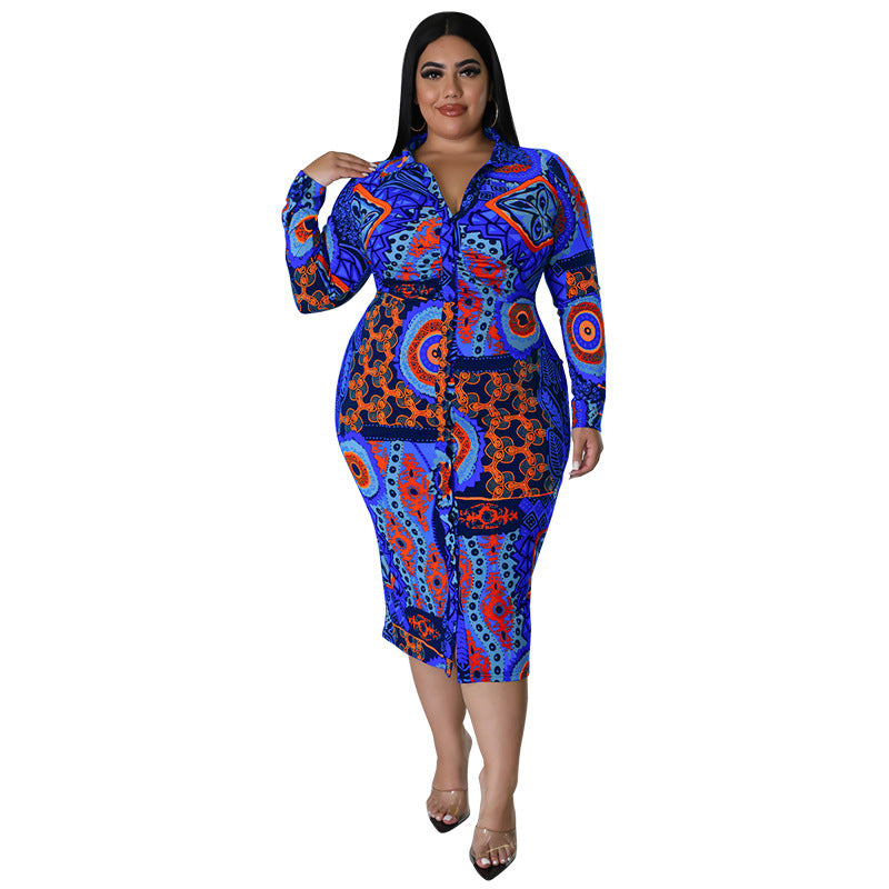 Plus Size Women Fall Long Sleeve Print Midi Dress 11