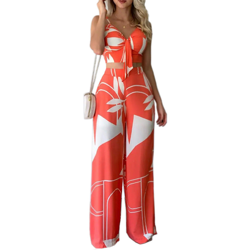 Women Summer Sexy Tube Top And Tie Loose Wide Leg Pants Print Two Piece Set
