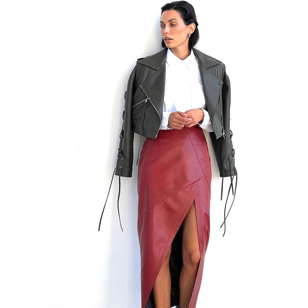 Women Fall Slit Irregular Pu-Leather Skirt 5
