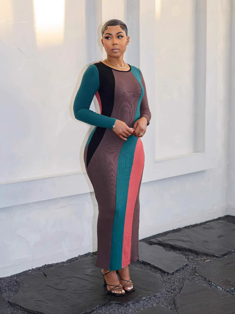 Women's Fashion Multi-Color Patchwork Long-Sleeved Ribbed Casual Dress 5