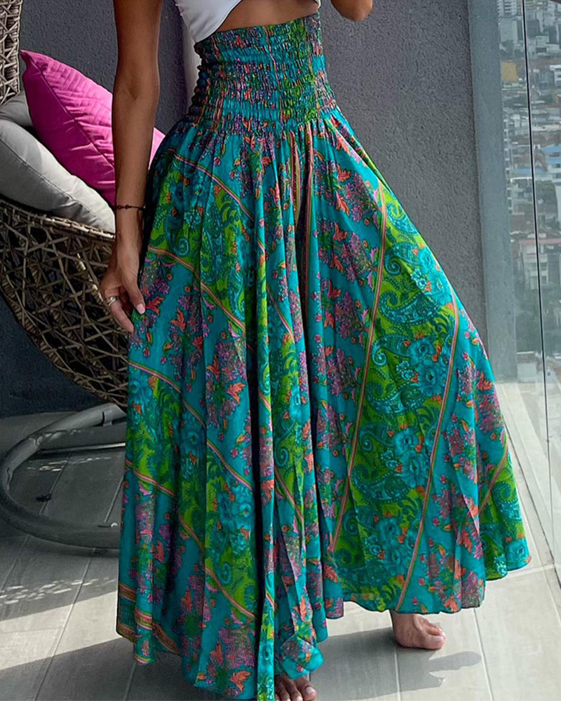 Women's Retro Floral Print High Waist Slim Waist Wide-Leg Pants