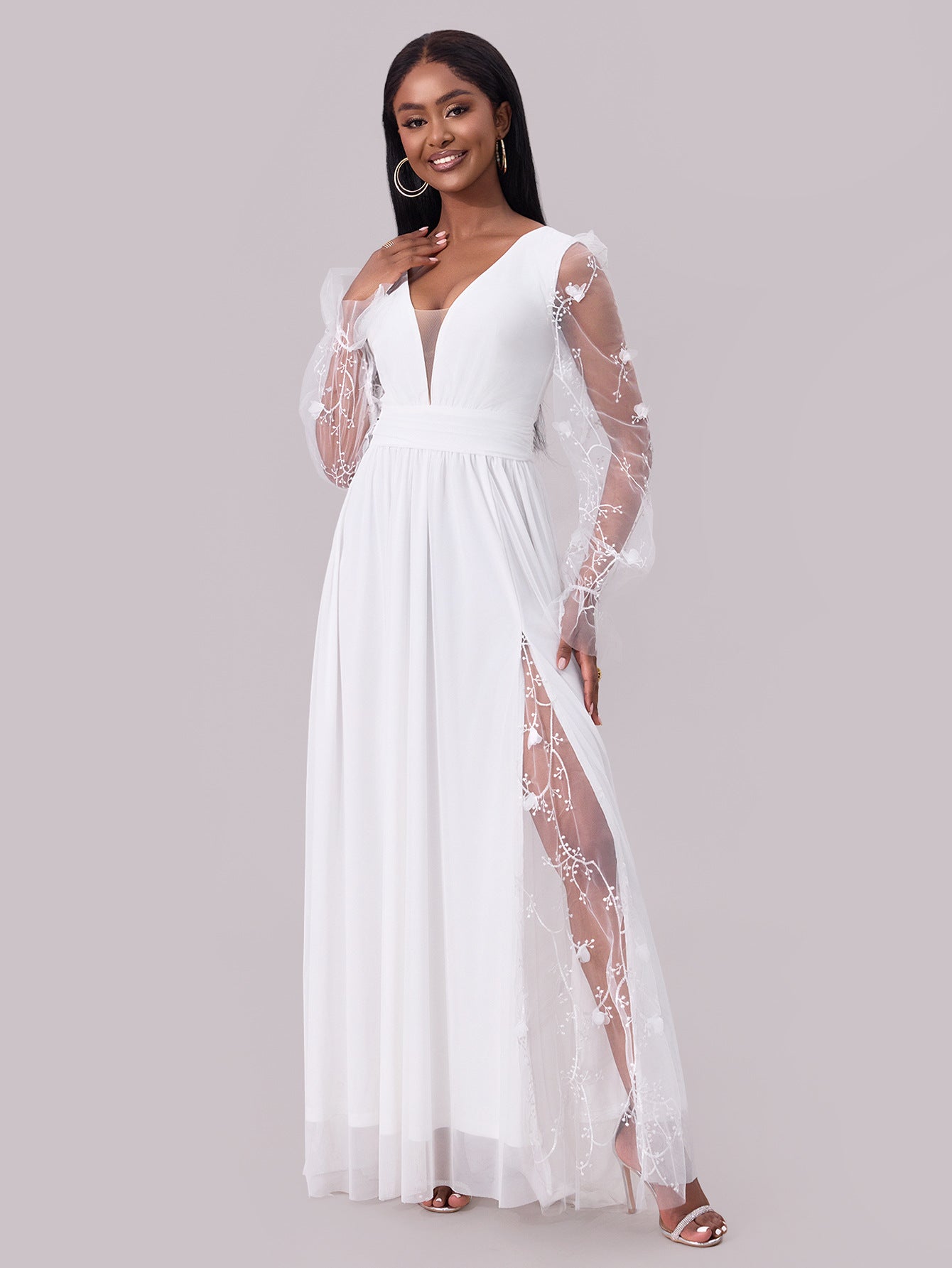 women's dress deep neck long sleeve wedding dress 4