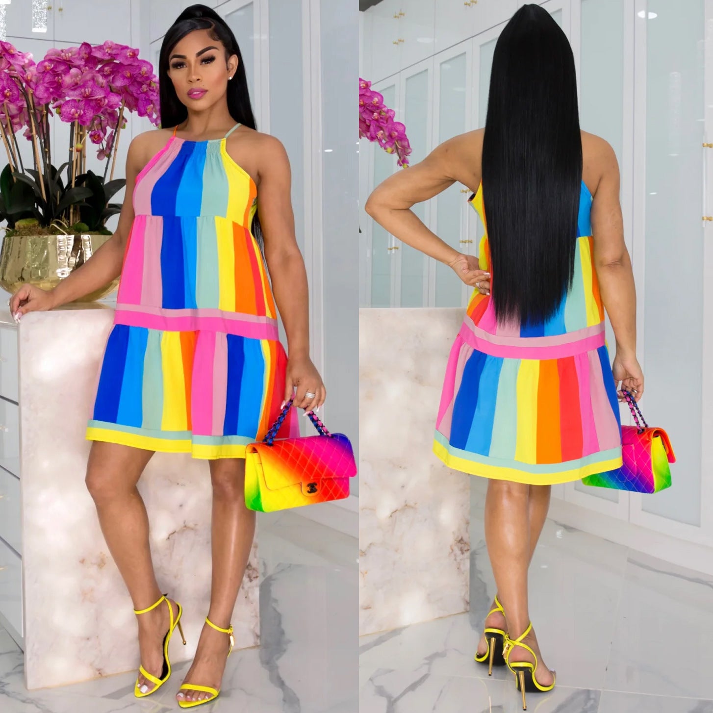 Rainbow Stripe Fashion Straps Casual Dress Color Block Patchwork Sexy Dress For Women 7