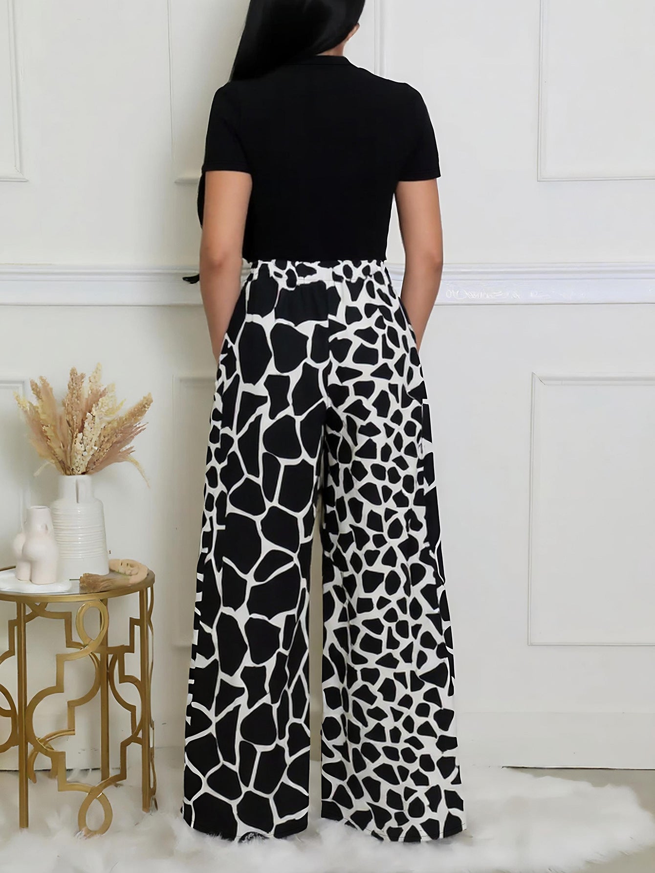 Women's Elegant Round-Neck Short-Sleeve High-Waist A-Line Trousers Casual Two Piece Set 4