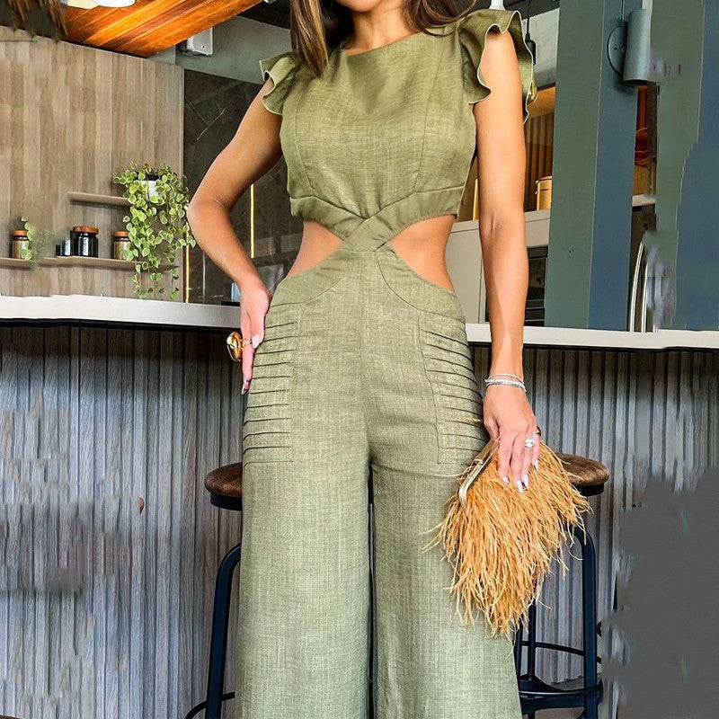 Women Summer Round Neck Ruffled Loose Jumpsuit 10