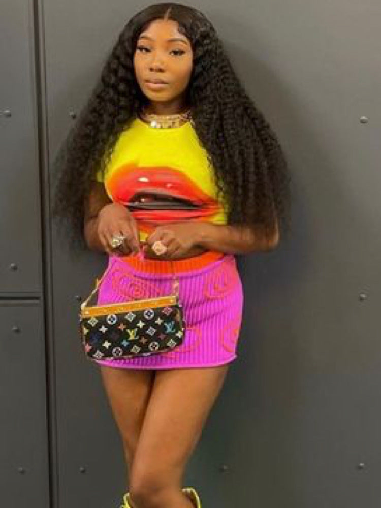 Summer Sexy Tight Fitting Modern Mouth Print Skirt Set