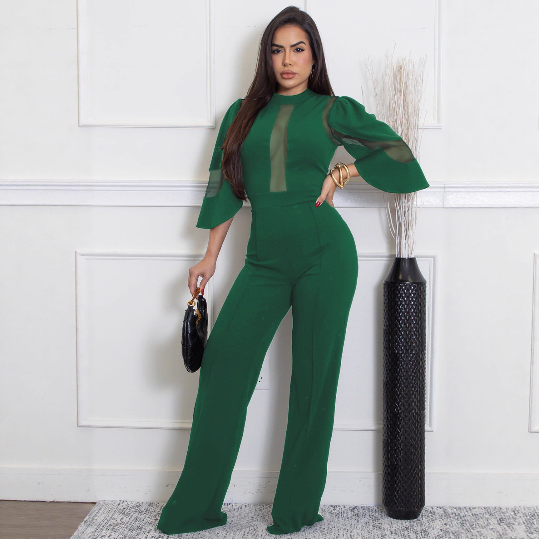 Women Elegant Mesh Patchwork Lace-Up Wide-Leg Jumpsuit 6