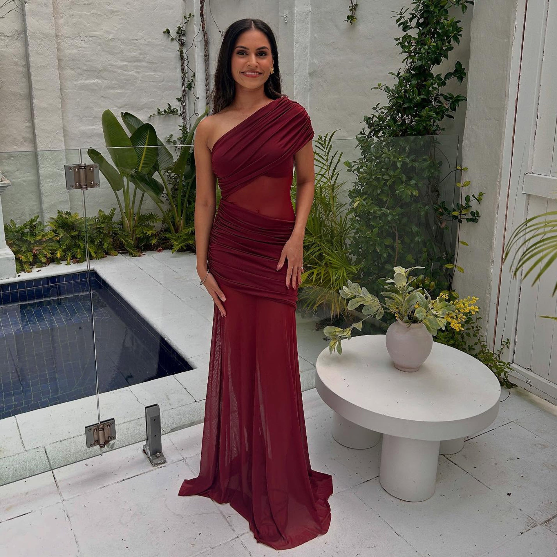 Spring fashionable off-shoulder chic sexy mesh patchwork slim dress 5