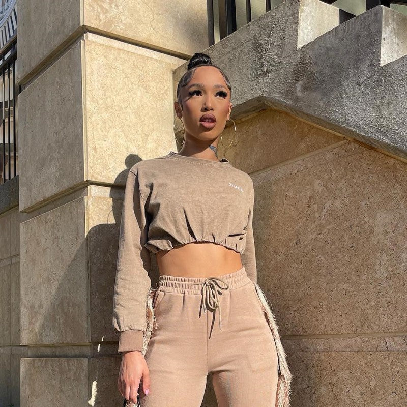 Women Autumn Solid Round Neck Embroidered Letter Long Sleeve Crop Top 5