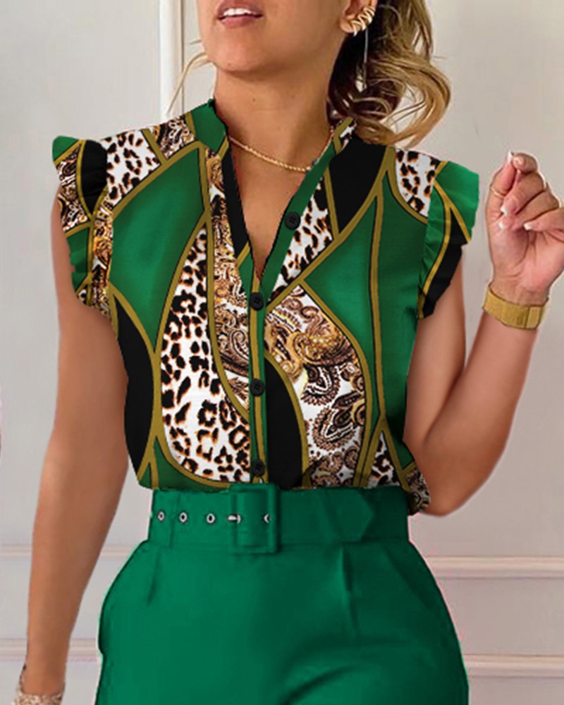 Women Summer V-Neck Button Butterfly Sleeve Printed Shirt 16