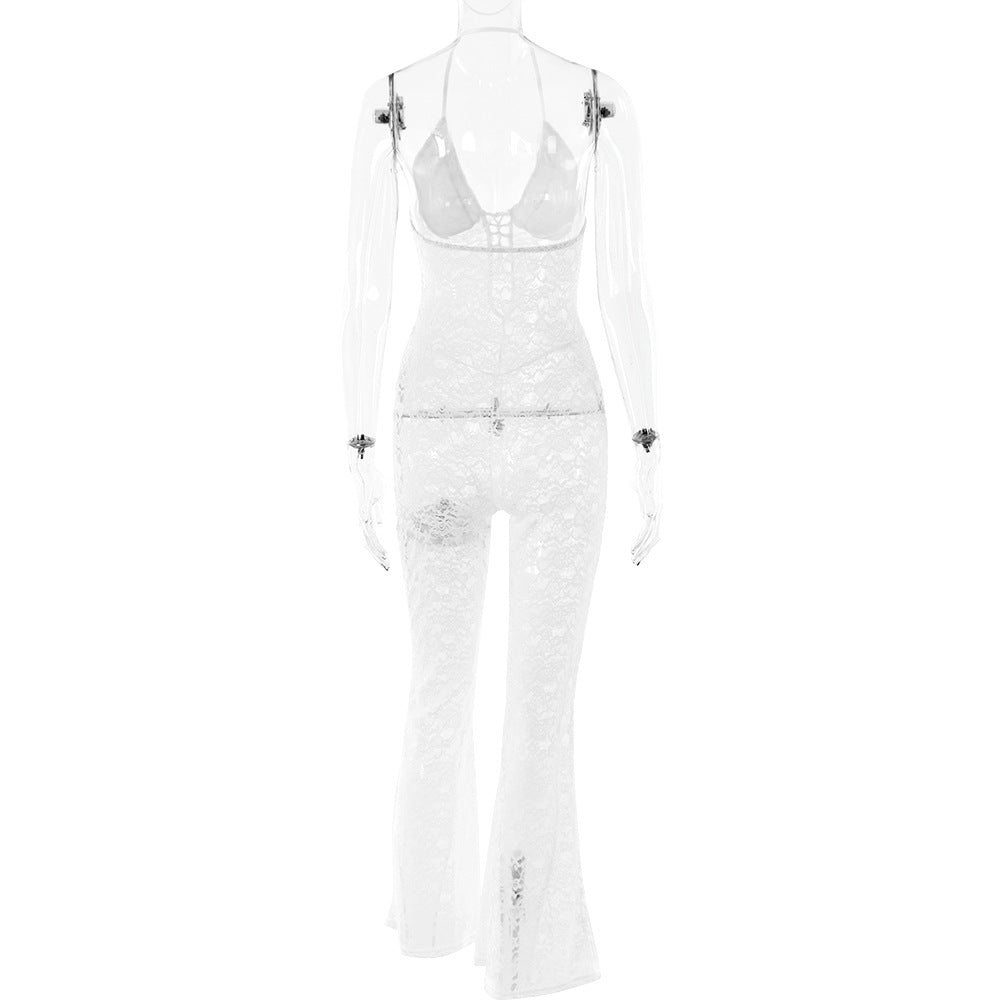 Spring Sexy Fashion See-Through Hollow Lace Low Back Halter Neck Slim Women's Summer Jumpsuit 15