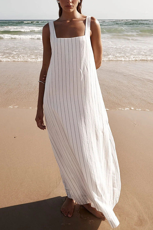 Spring Summer Square Neck Striped Fashion Sleeveless Dress