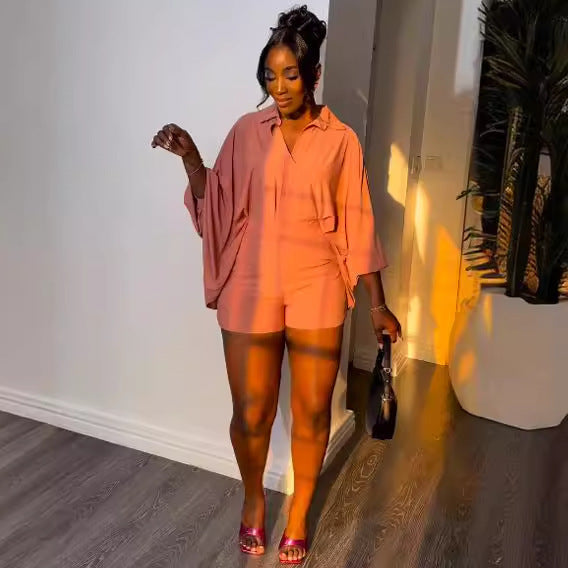 Sexy Solid Color Bat Sleeves Loose Shirt Shorts Two Piece Set 7
