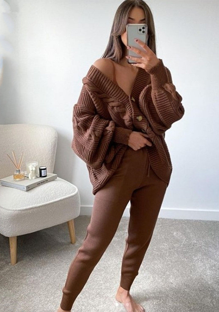 Women V-Neck Solid Button Sweater Two-Piece Set