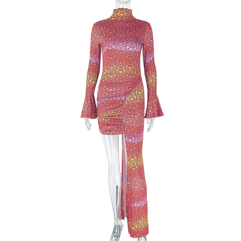 trendy women's clothing  print fashion irregular long-sleeved short bodycon dress 6