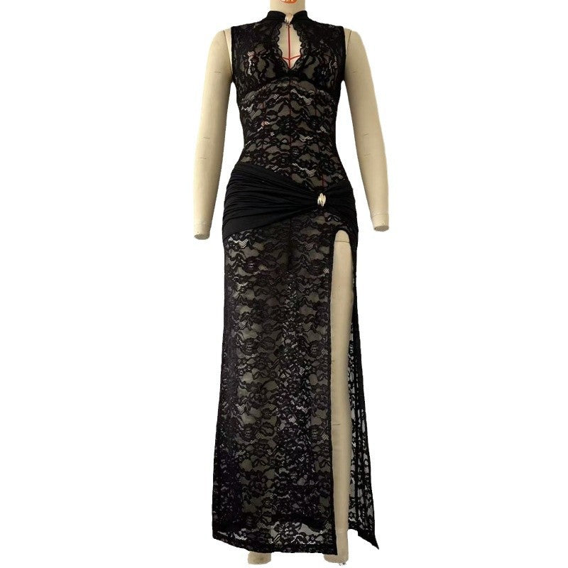 Sexy Fashion Lace Hollow High-Slit Slim Sleeveless Long Dress 10