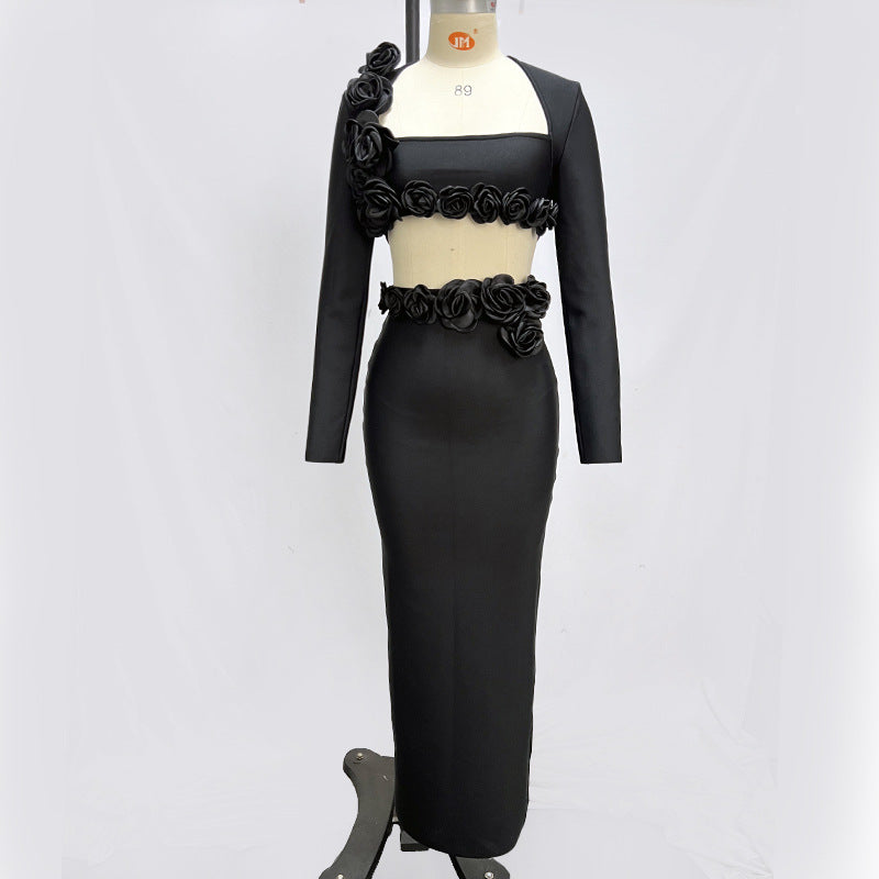 Solid Color Long Sleeve Flower Bandage Top Long Skirt Two-Piece Set