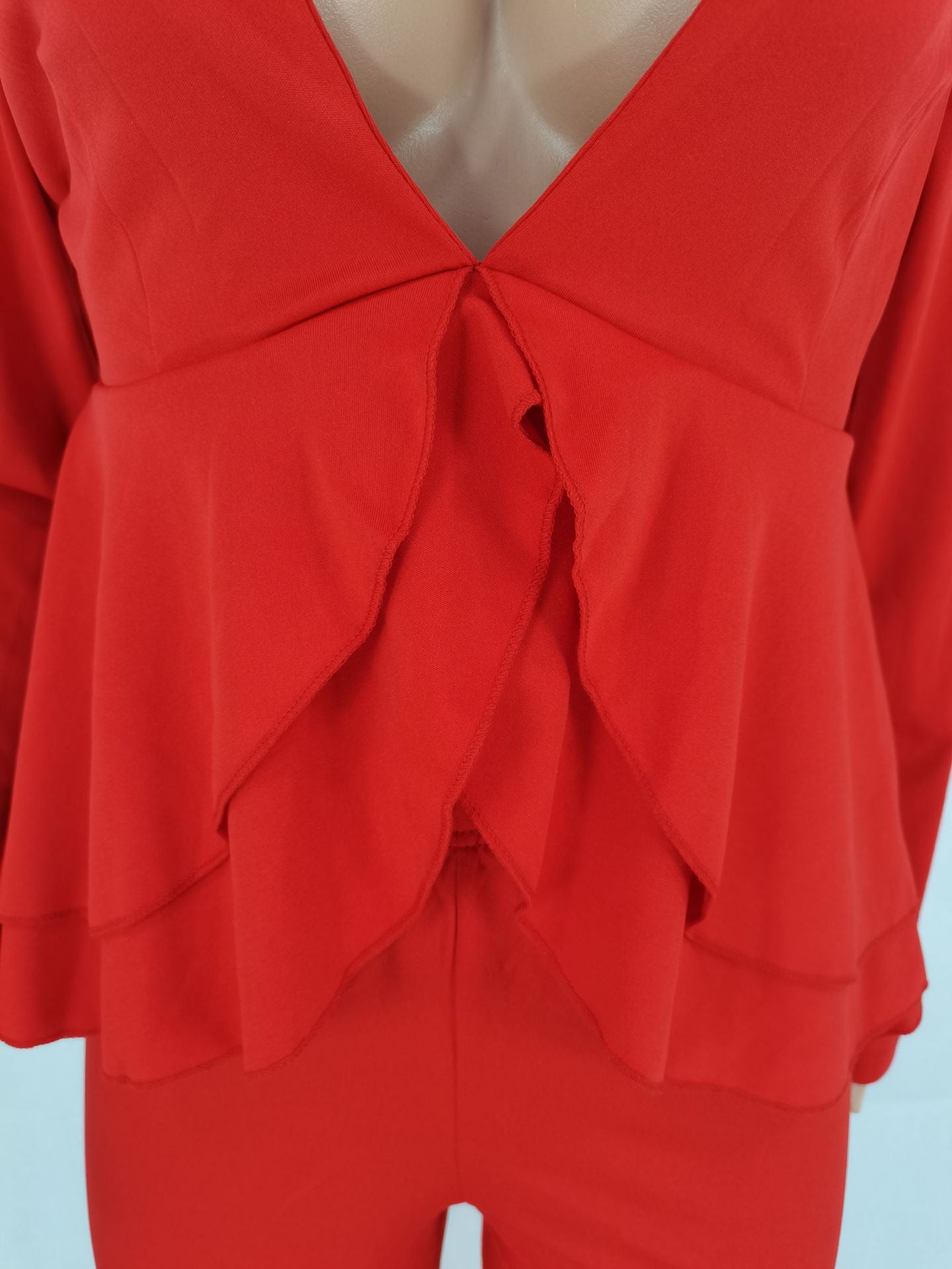Women'S Solid Color Ruffled Deep V Top And Trousers Two-Piece Suit 9