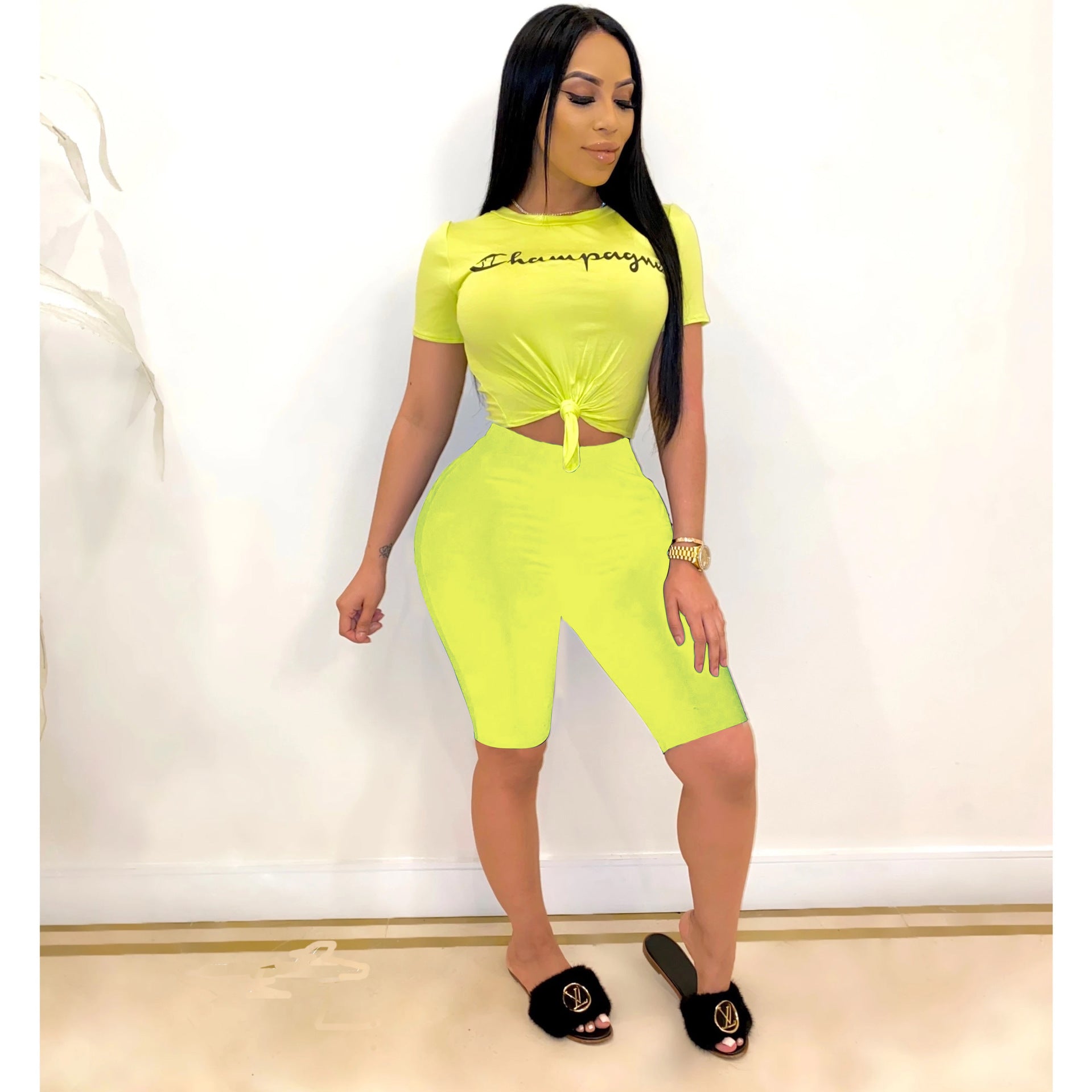 Women Letter Print Short Sleeve Top and Shorts Casual Sports Two-piece Set 12