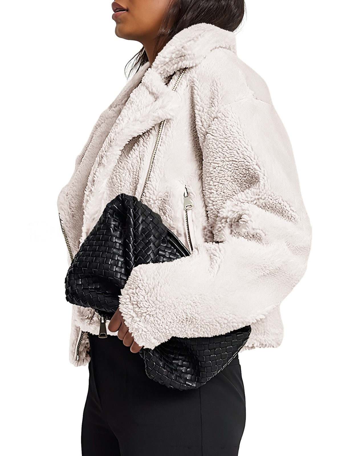 Solid color turndown collar fleece zipper trendy coat 6